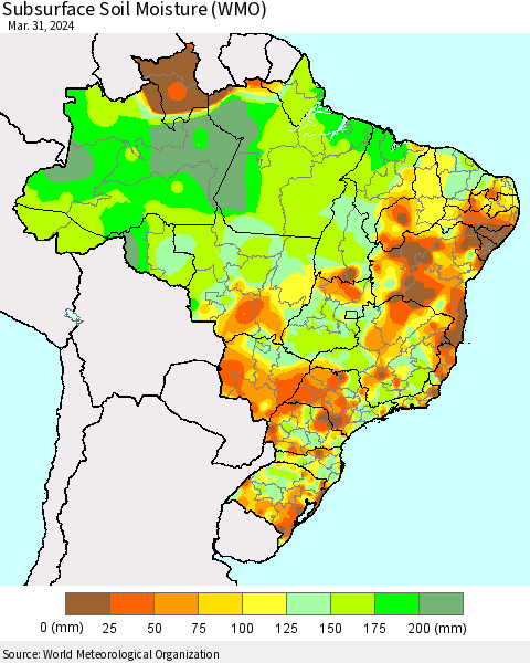 Brazil Subsurface Soil Moisture (WMO) Thematic Map For 3/25/2024 - 3/31/2024