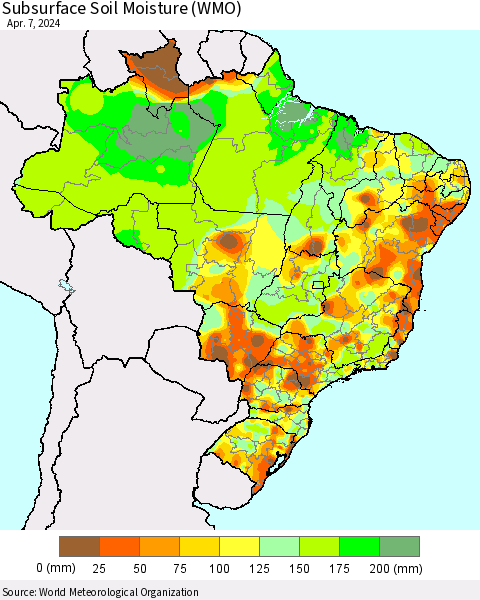 Brazil Subsurface Soil Moisture (WMO) Thematic Map For 4/1/2024 - 4/7/2024