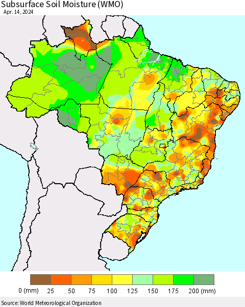 Brazil Subsurface Soil Moisture (WMO) Thematic Map For 4/8/2024 - 4/14/2024