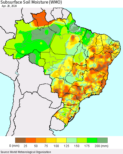 Brazil Subsurface Soil Moisture (WMO) Thematic Map For 4/22/2024 - 4/28/2024