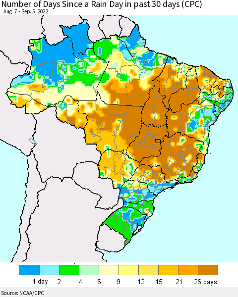Brazil Number of Days Since a Rain Day in past 30 days (CPC) Thematic Map For 9/1/2022 - 9/5/2022