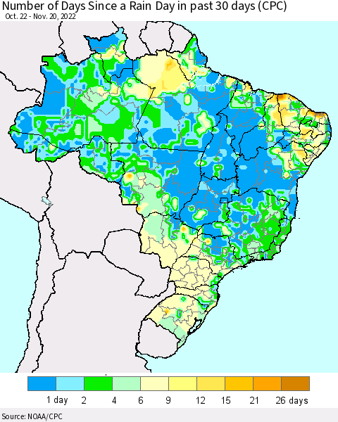 Brazil Number of Days Since a Rain Day in past 30 days (CPC) Thematic Map For 11/16/2022 - 11/20/2022