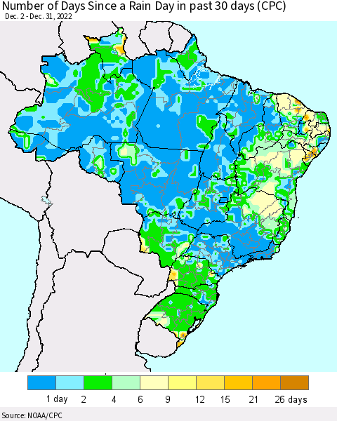 Brazil Number of Days Since a Rain Day in past 30 days (CPC) Thematic Map For 12/26/2022 - 12/31/2022