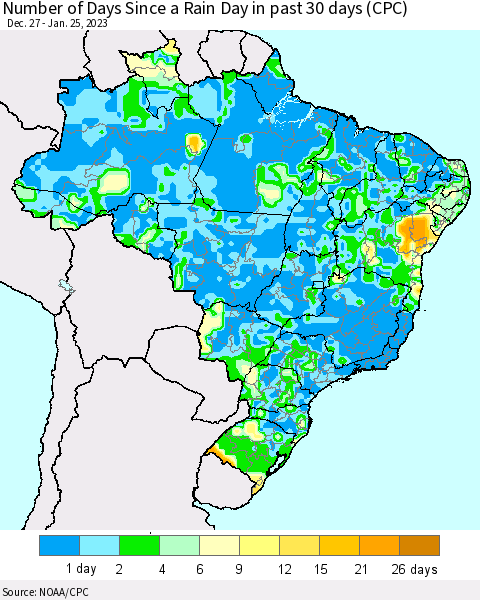 Brazil Number of Days Since a Rain Day in past 30 days (CPC) Thematic Map For 1/21/2023 - 1/25/2023