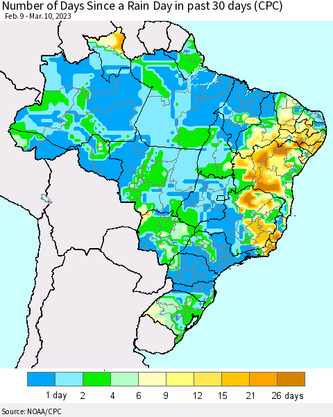 Brazil Number of Days Since a Rain Day in past 30 days (CPC) Thematic Map For 3/6/2023 - 3/10/2023