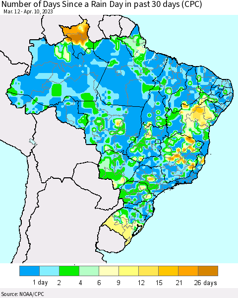 Brazil Number of Days Since a Rain Day in past 30 days (CPC) Thematic Map For 4/6/2023 - 4/10/2023