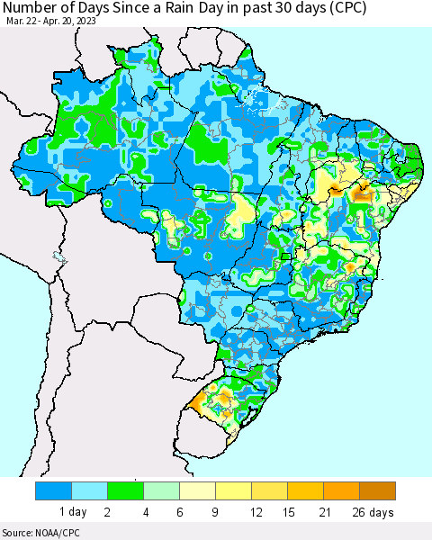Brazil Number of Days Since a Rain Day in past 30 days (CPC) Thematic Map For 4/16/2023 - 4/20/2023