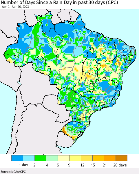 Brazil Number of Days Since a Rain Day in past 30 days (CPC) Thematic Map For 4/26/2023 - 4/30/2023