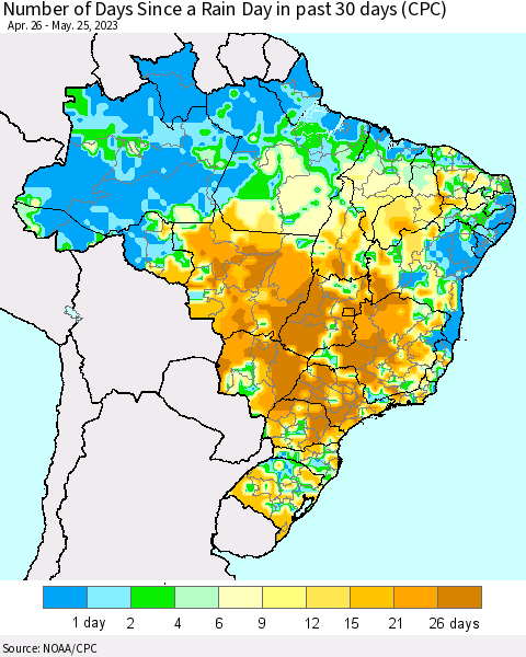 Brazil Number of Days Since a Rain Day in past 30 days (CPC) Thematic Map For 5/21/2023 - 5/25/2023