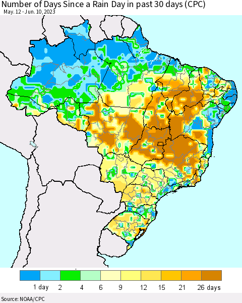 Brazil Number of Days Since a Rain Day in past 30 days (CPC) Thematic Map For 6/6/2023 - 6/10/2023