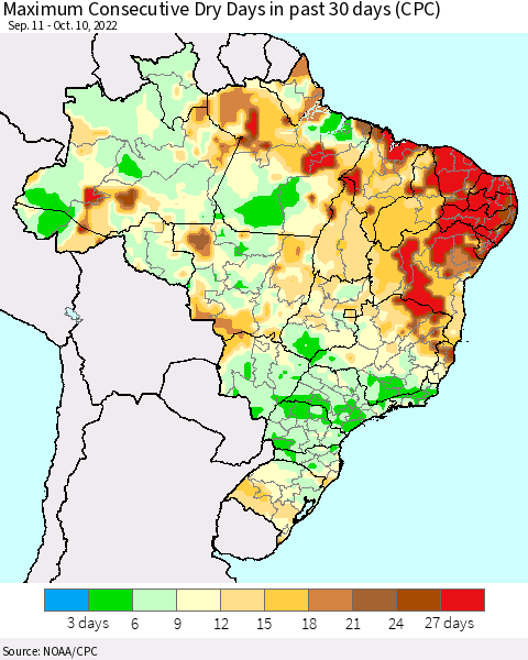 Brazil Maximum Consecutive Dry Days in past 30 days (CPC) Thematic Map For 10/6/2022 - 10/10/2022