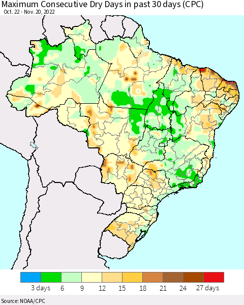 Brazil Maximum Consecutive Dry Days in past 30 days (CPC) Thematic Map For 11/16/2022 - 11/20/2022
