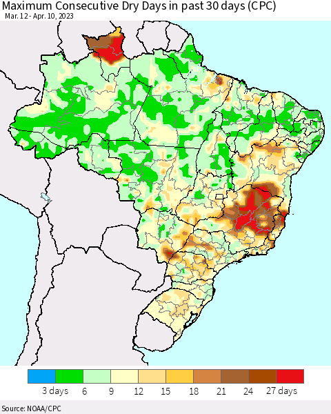 Brazil Maximum Consecutive Dry Days in past 30 days (CPC) Thematic Map For 4/6/2023 - 4/10/2023