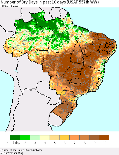 Brazil Number of Dry Days in past 10 days (USAF 557th WW) Thematic Map For 9/1/2021 - 9/5/2021