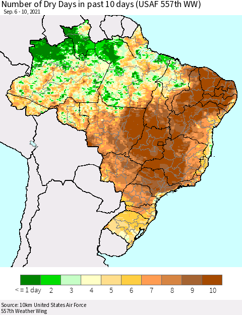 Brazil Number of Dry Days in past 10 days (USAF 557th WW) Thematic Map For 9/6/2021 - 9/10/2021