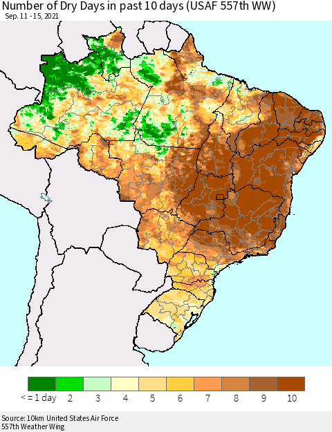 Brazil Number of Dry Days in past 10 days (USAF 557th WW) Thematic Map For 9/11/2021 - 9/15/2021