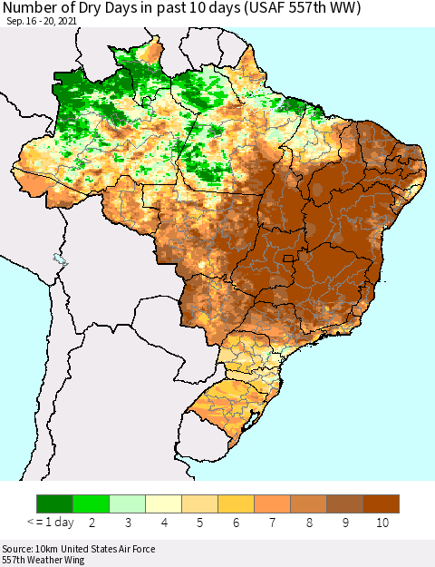 Brazil Number of Dry Days in past 10 days (USAF 557th WW) Thematic Map For 9/16/2021 - 9/20/2021