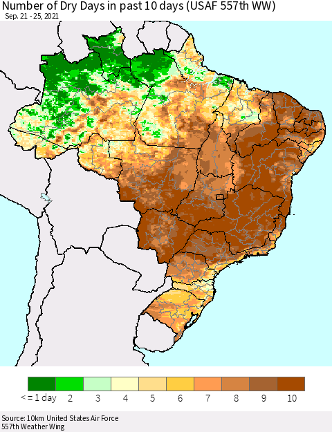 Brazil Number of Dry Days in past 10 days (USAF 557th WW) Thematic Map For 9/21/2021 - 9/25/2021