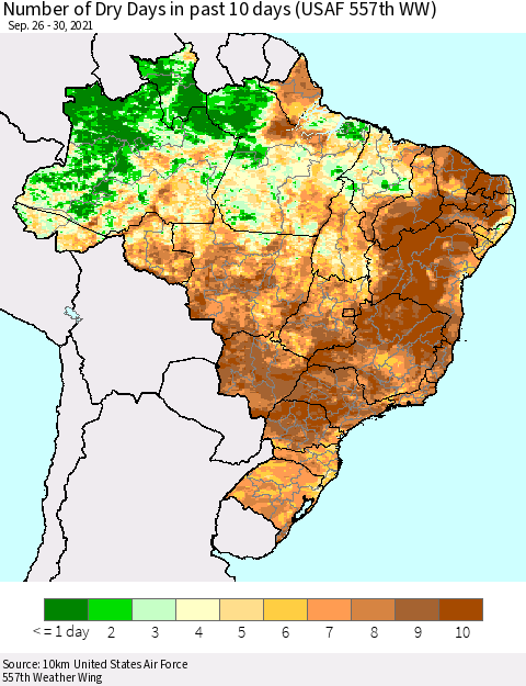Brazil Number of Dry Days in past 10 days (USAF 557th WW) Thematic Map For 9/26/2021 - 9/30/2021