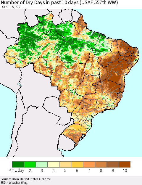 Brazil Number of Dry Days in past 10 days (USAF 557th WW) Thematic Map For 10/1/2021 - 10/5/2021