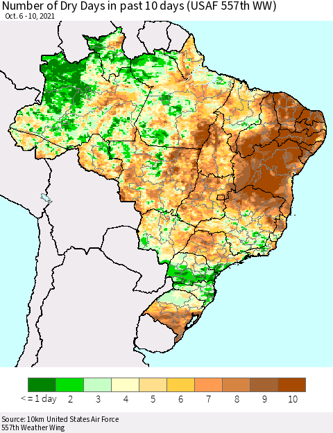 Brazil Number of Dry Days in past 10 days (USAF 557th WW) Thematic Map For 10/6/2021 - 10/10/2021