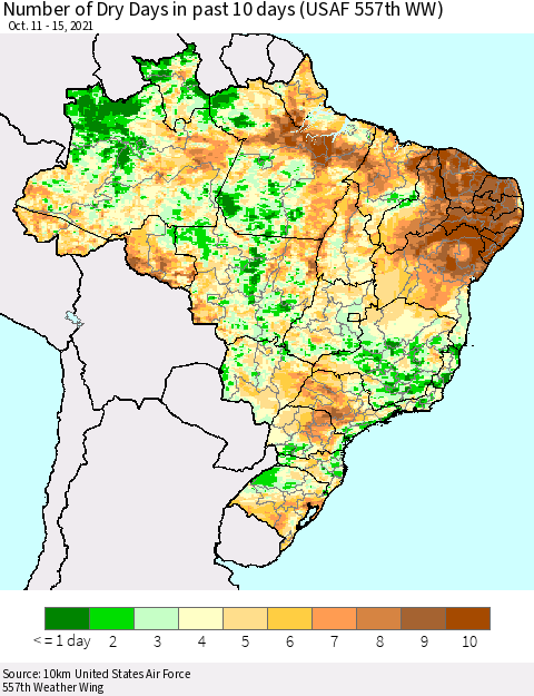 Brazil Number of Dry Days in past 10 days (USAF 557th WW) Thematic Map For 10/11/2021 - 10/15/2021