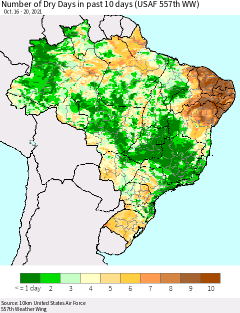 Brazil Number of Dry Days in past 10 days (USAF 557th WW) Thematic Map For 10/16/2021 - 10/20/2021