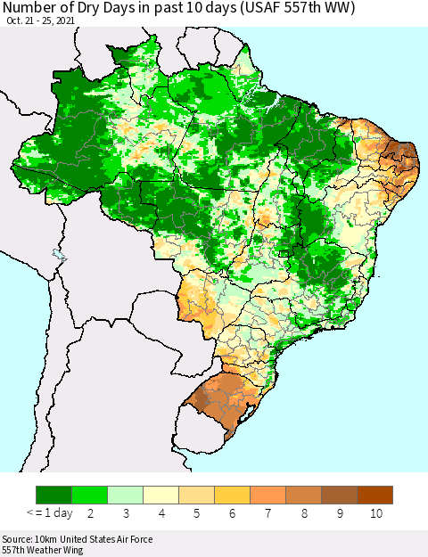 Brazil Number of Dry Days in past 10 days (USAF 557th WW) Thematic Map For 10/21/2021 - 10/25/2021