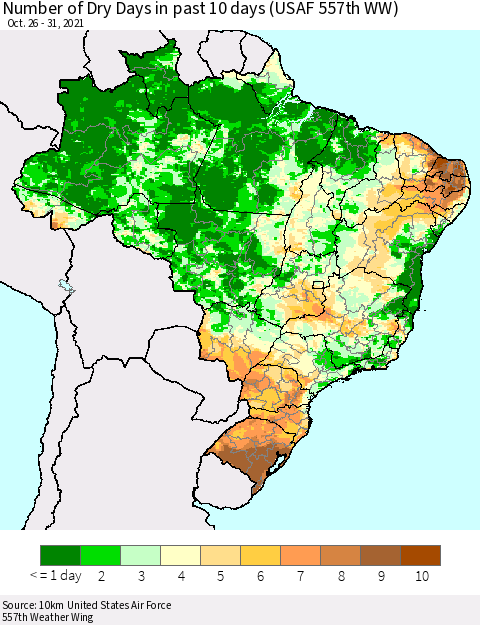 Brazil Number of Dry Days in past 10 days (USAF 557th WW) Thematic Map For 10/26/2021 - 10/31/2021