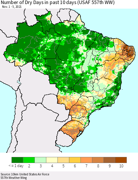 Brazil Number of Dry Days in past 10 days (USAF 557th WW) Thematic Map For 11/1/2021 - 11/5/2021