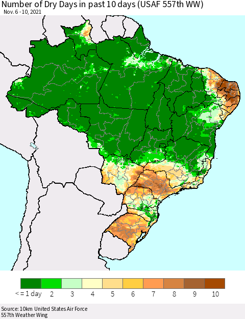 Brazil Number of Dry Days in past 10 days (USAF 557th WW) Thematic Map For 11/6/2021 - 11/10/2021