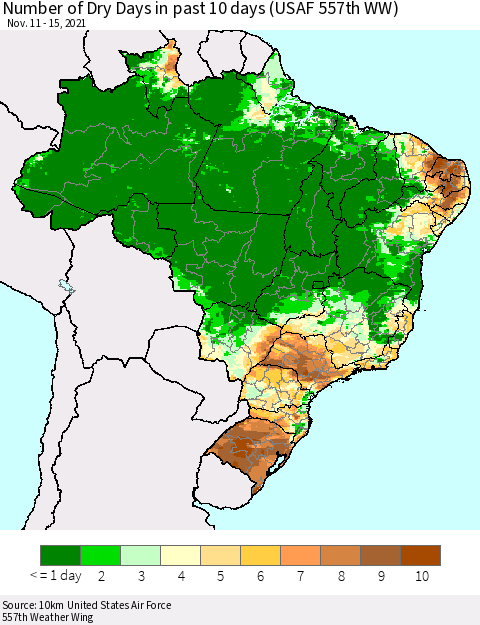 Brazil Number of Dry Days in past 10 days (USAF 557th WW) Thematic Map For 11/11/2021 - 11/15/2021