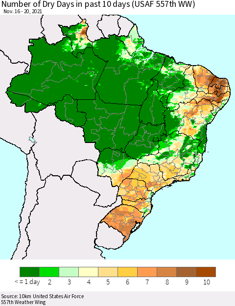 Brazil Number of Dry Days in past 10 days (USAF 557th WW) Thematic Map For 11/16/2021 - 11/20/2021