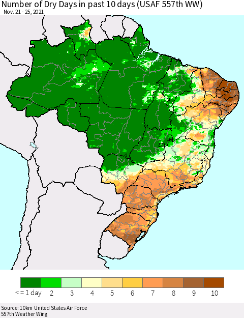 Brazil Number of Dry Days in past 10 days (USAF 557th WW) Thematic Map For 11/21/2021 - 11/25/2021