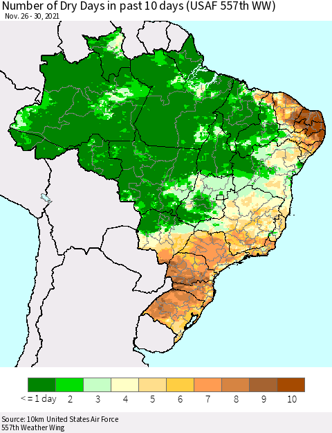 Brazil Number of Dry Days in past 10 days (USAF 557th WW) Thematic Map For 11/26/2021 - 11/30/2021