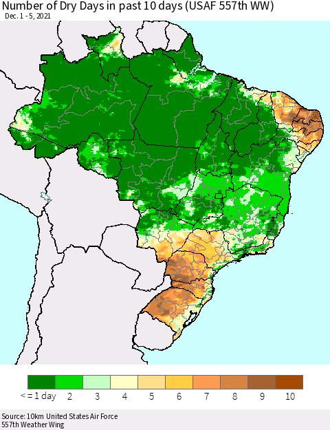 Brazil Number of Dry Days in past 10 days (USAF 557th WW) Thematic Map For 12/1/2021 - 12/5/2021