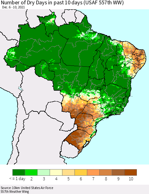 Brazil Number of Dry Days in past 10 days (USAF 557th WW) Thematic Map For 12/6/2021 - 12/10/2021