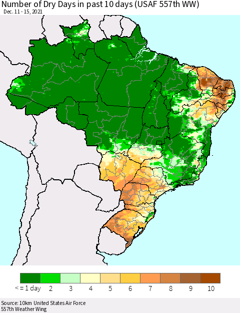 Brazil Number of Dry Days in past 10 days (USAF 557th WW) Thematic Map For 12/11/2021 - 12/15/2021