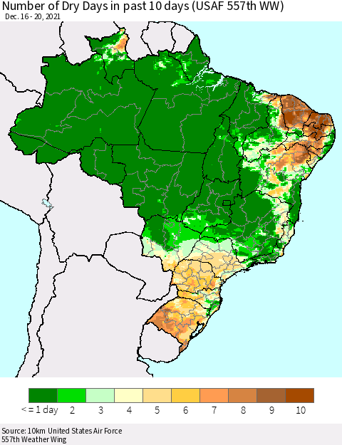 Brazil Number of Dry Days in past 10 days (USAF 557th WW) Thematic Map For 12/16/2021 - 12/20/2021
