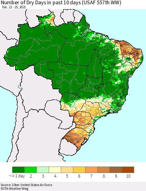 Brazil Number of Dry Days in past 10 days (USAF 557th WW) Thematic Map For 12/21/2021 - 12/25/2021