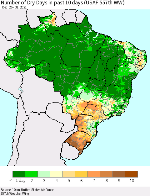 Brazil Number of Dry Days in past 10 days (USAF 557th WW) Thematic Map For 12/26/2021 - 12/31/2021
