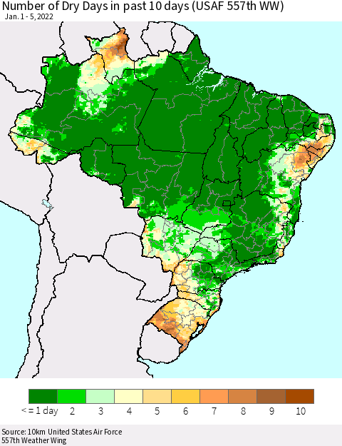 Brazil Number of Dry Days in past 10 days (USAF 557th WW) Thematic Map For 1/1/2022 - 1/5/2022
