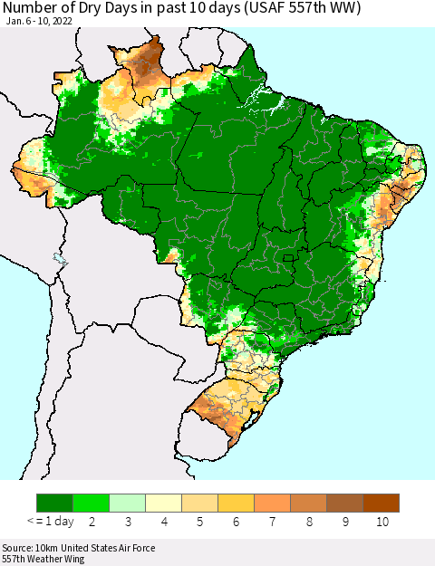 Brazil Number of Dry Days in past 10 days (USAF 557th WW) Thematic Map For 1/6/2022 - 1/10/2022