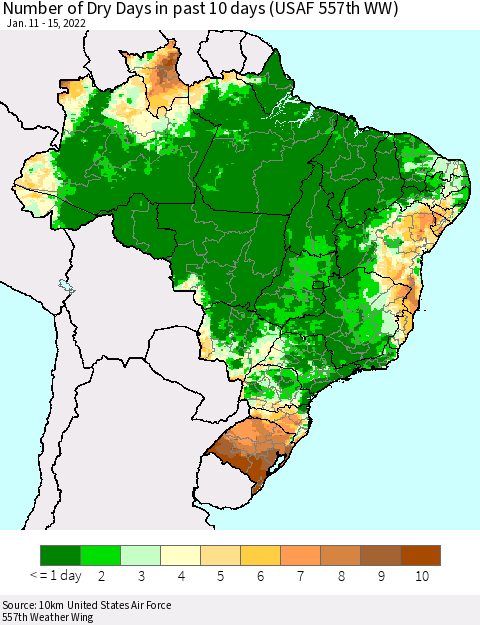 Brazil Number of Dry Days in past 10 days (USAF 557th WW) Thematic Map For 1/11/2022 - 1/15/2022