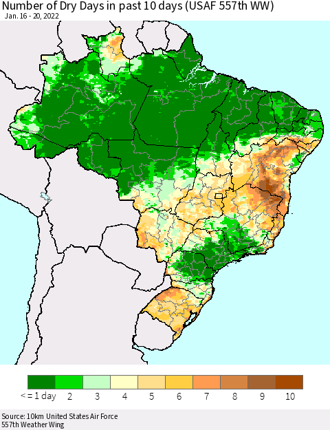 Brazil Number of Dry Days in past 10 days (USAF 557th WW) Thematic Map For 1/16/2022 - 1/20/2022