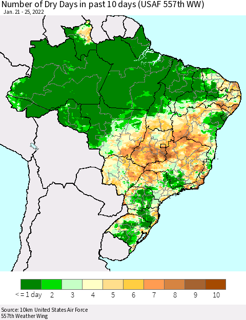 Brazil Number of Dry Days in past 10 days (USAF 557th WW) Thematic Map For 1/21/2022 - 1/25/2022
