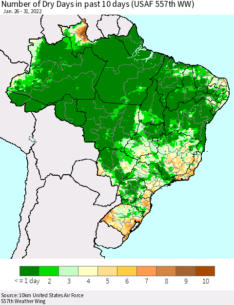 Brazil Number of Dry Days in past 10 days (USAF 557th WW) Thematic Map For 1/26/2022 - 1/31/2022