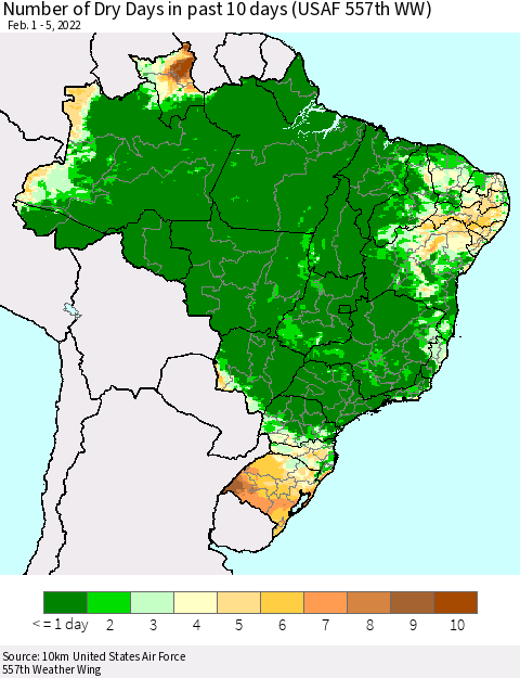 Brazil Number of Dry Days in past 10 days (USAF 557th WW) Thematic Map For 2/1/2022 - 2/5/2022
