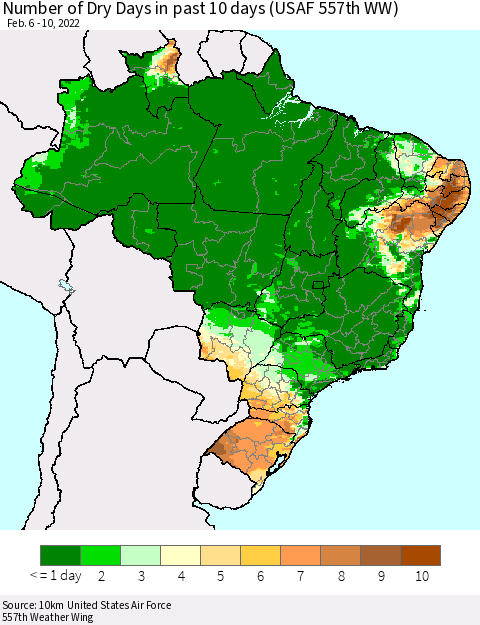 Brazil Number of Dry Days in past 10 days (USAF 557th WW) Thematic Map For 2/6/2022 - 2/10/2022