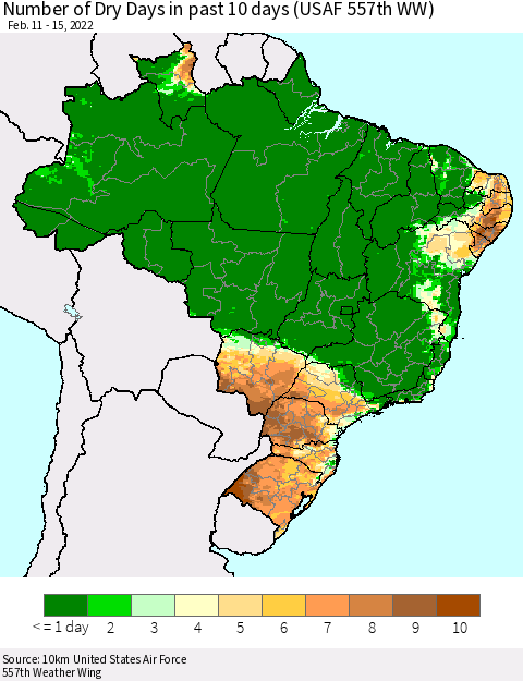 Brazil Number of Dry Days in past 10 days (USAF 557th WW) Thematic Map For 2/11/2022 - 2/15/2022